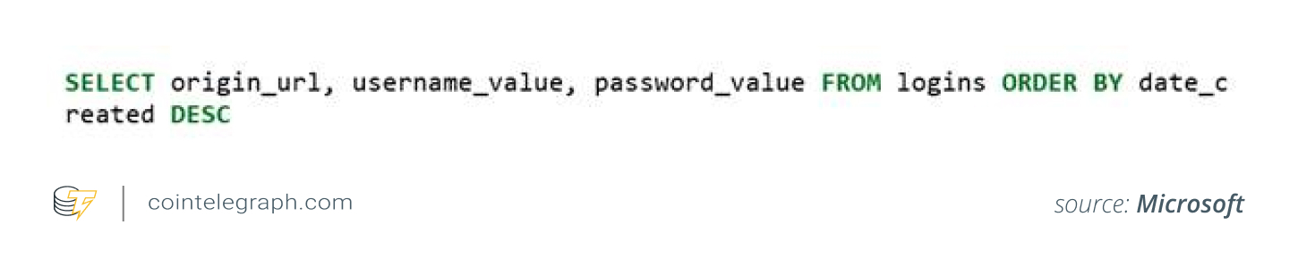 Database query for extracting credentials stored in Chrome